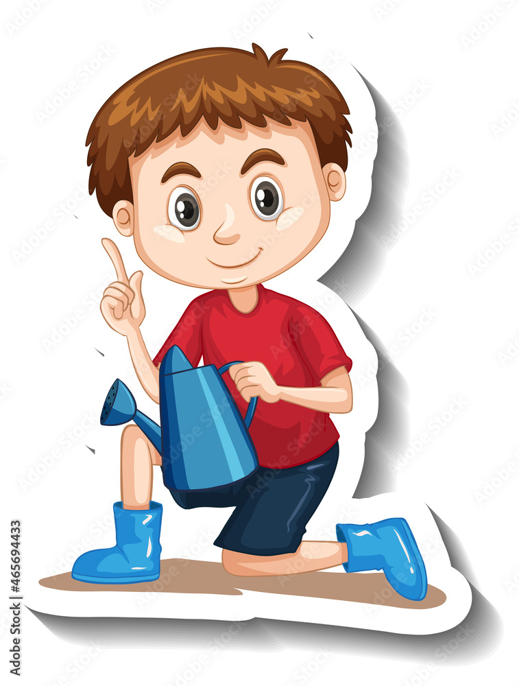 A boy holding watering can cartoon character sticker