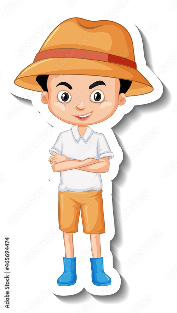 A boy wears hat and boots cartoon character sticker