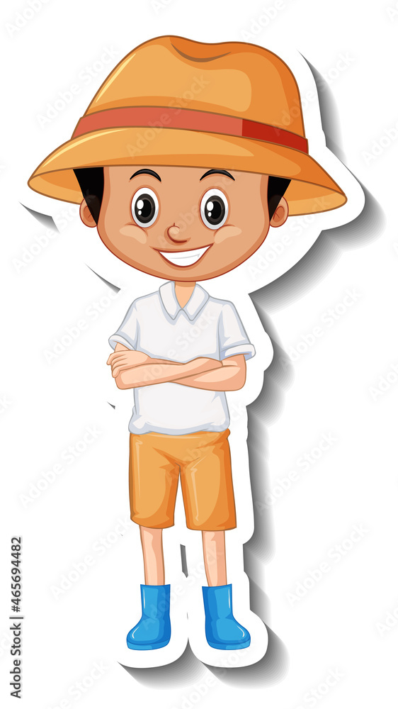 A boy wears hat and boots cartoon character sticker A boy wears hat and boots cartoon character sticker