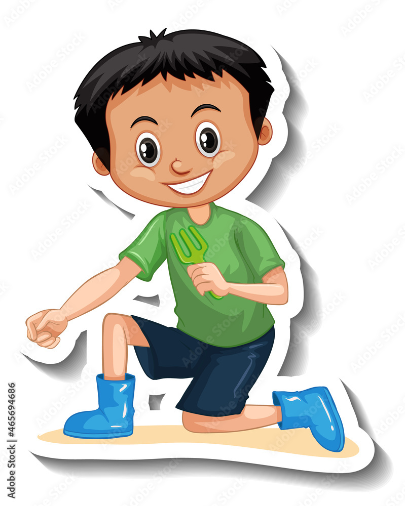 A boy holding gardening tool cartoon character sticker A boy holding gardening tool cartoon character sticker
