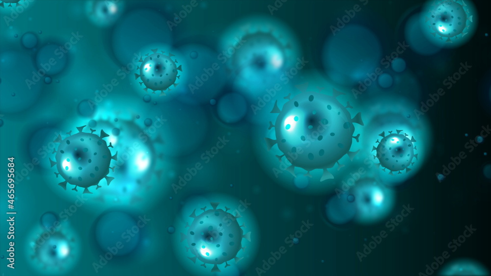 Dark blue abstract background with COVID-19 bacteria cells