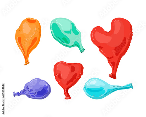 Various deflated balloons. Vector cartoon illustration.Bright inflatable balloons of various shapes and colors. Festive decorative elements, Set on a white isolated background