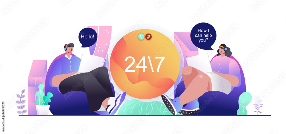 Fototapeta premium Support center concept for web banner. Man and woman operators receive client calls and messages in call center, modern people scene. Vector illustration in flat cartoon design with person characters