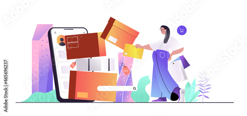 Shopping concept for web banner. Woman buys online, shopper makes purchases and receives online orders at store, modern people scene. Vector illustration in flat cartoon design with person characters