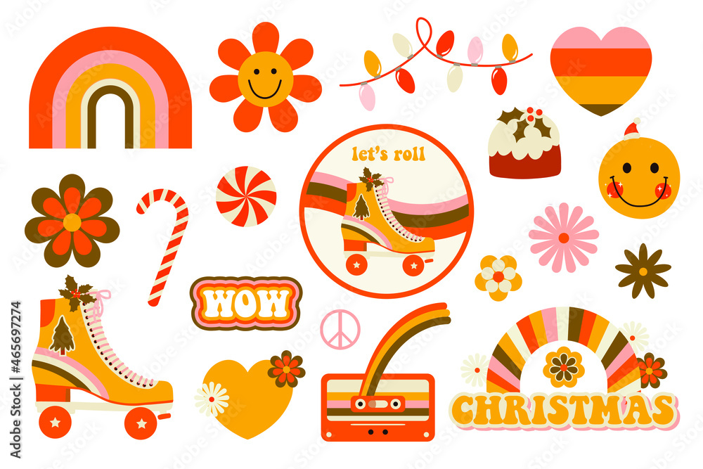 Fototapeta premium Retro Christmas elements in 70s style.