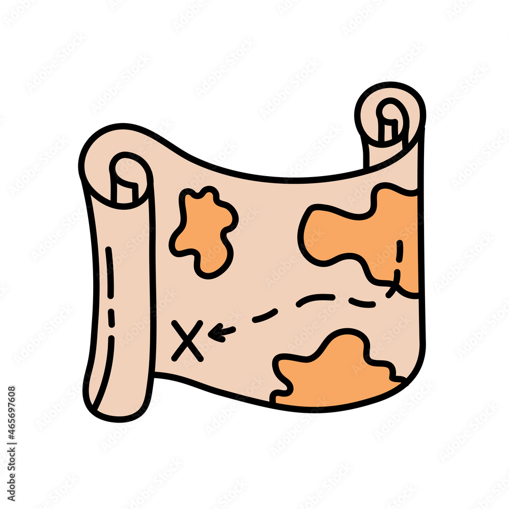 Treasure map. Pirate item sketch. Doodle hand drawn illustration. Vector icon Treasure map. Pirate item sketch. Doodle hand drawn illustration. Vector icon