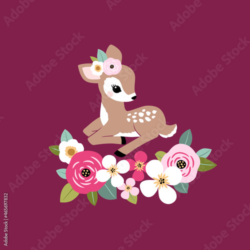 Cute vintage fawn with summer flowers.  Perfect for tee shirt logo, greeting card, poster, invitation or print design.
