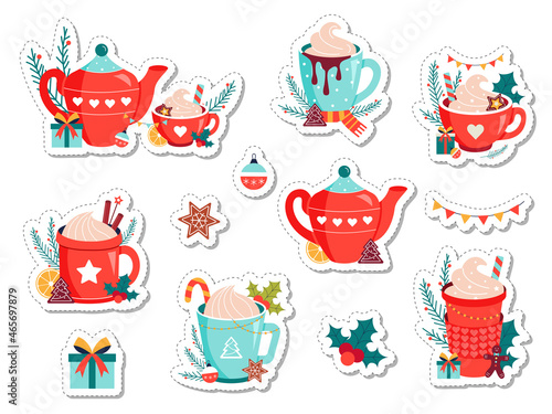 Christmas vector stickers Hot chocolate mugs set