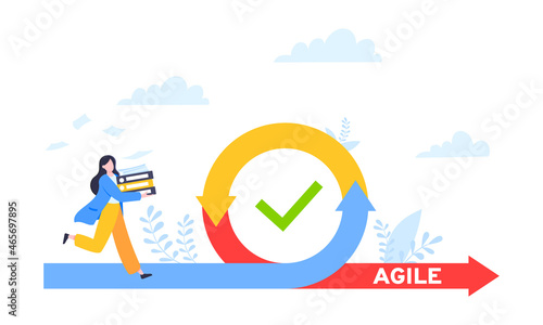 Agile development methodology business concept flat style design vector illustration isolated on white background. Agile life cycle for software development diagram. Business person run into project.