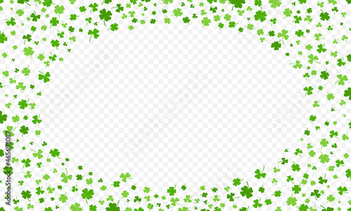 Shamrock or green clover leaves pattern background flat design vector illustration isolated on transparent background. St Patricks Day shamrock symbols decorative elements pattern.
