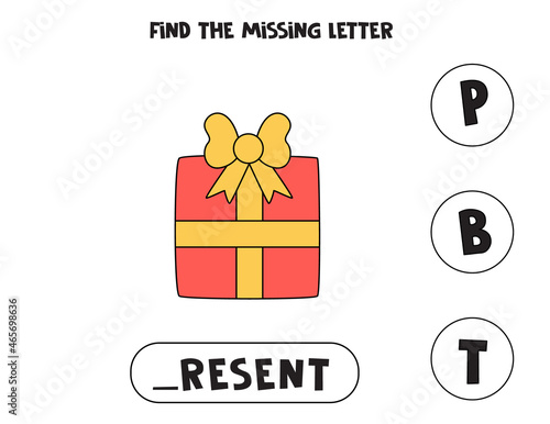Find missing letter with cartoon present. Spelling worksheet.