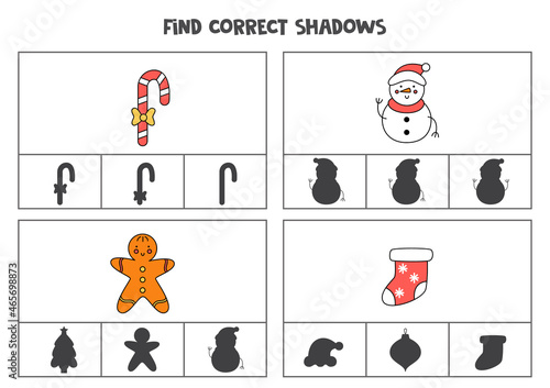 Find correct shadow of Christmas pictures. Printable clip card games for children.