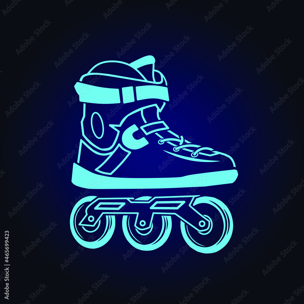 Rolling skate neon art logo. Inline skater colorful design with dark background. Sport shoes vector illustration Rolling skate neon art logo. Inline skater colorful design with dark background. Sport shoes vector illustration