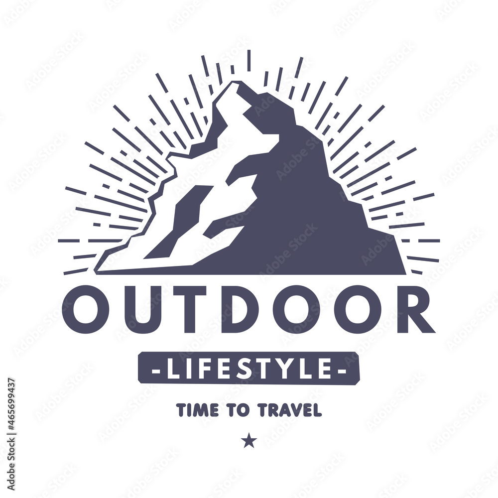 Outdoor Adventure and Hiking Tourism Logo with Black Mountain Silhouette Vector Template