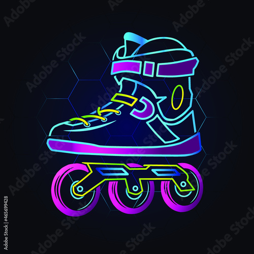 Rolling skate neon art logo. Inline skater colorful design with dark background. Sport shoes vector illustration