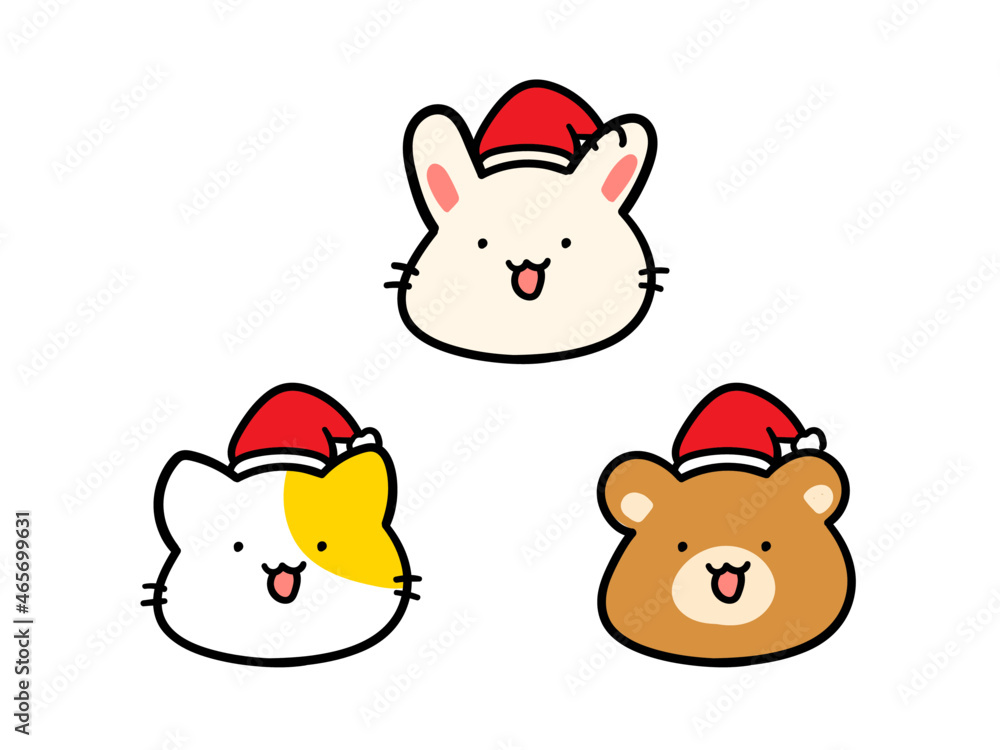 サンタ帽をかぶるかわいい動物たちの手書き風顔イラスト Stock Vector Adobe Stock サンタ帽をかぶるかわいい動物たちの手書き風顔イラスト Stock Vector Adobe Stock