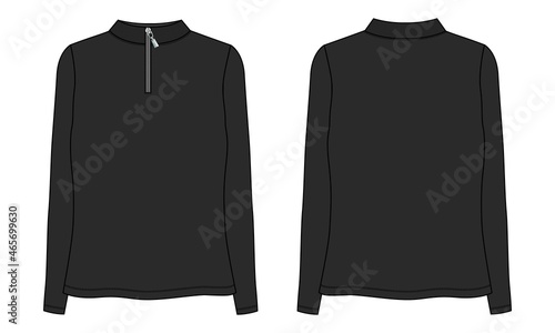 Long Sleeve With Half Zip, High Neck, Sweatshirt for ladies. Technical fashion flat sketch Apparel Vector illustration black color Template Front and back views. Women's Unisex CAD mock up.