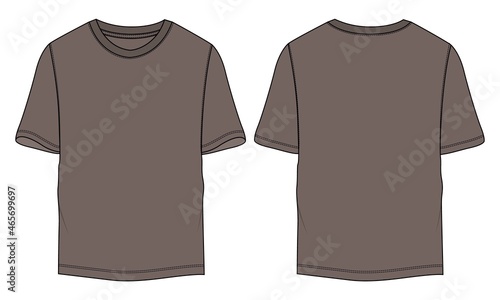 Short Sleeve basic T shirt Technical Fashion Flat sketch Vector Illustration Khaki Color Template Front, back views. Apparel design Mock up drawing Isolated on white background.