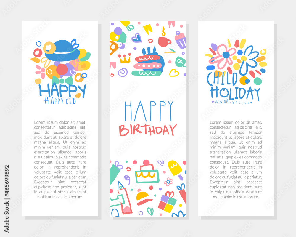 Fun and Holiday Bright Banner with Doodle Cake and Elements Vector Hand Drawn Template