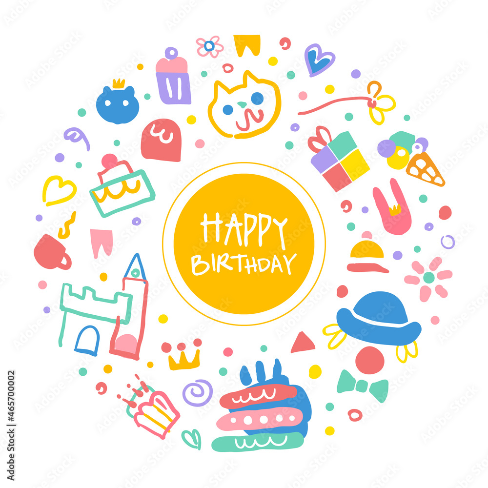 Fun and Holiday Bright Circle Composition with Doodle Cake and Elements Vector Hand Drawn Template Fun and Holiday Bright Circle Composition with Doodle Cake and Elements Vector Hand Drawn Template