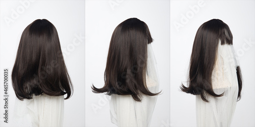 Black straight short hair wig on mannequin head over white background isolated, set of three