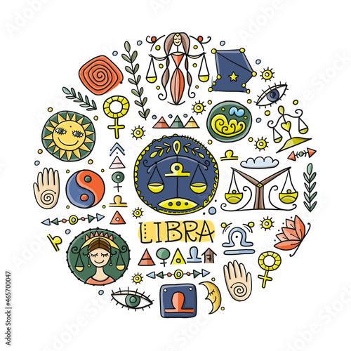 Illustration of Libra zodiac sign. Element of Air. Design of Astrology Calendar, Horoscope, Print.