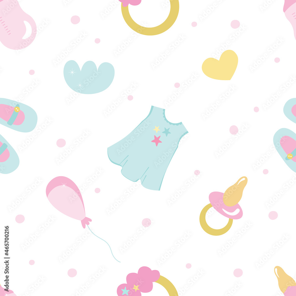 Seamless pattern for a little princess, with a cute dress, balloons, nipples, bottles. Festive vector background for printing on paper, fabric, packaging. Illustration in soft pastel colors.