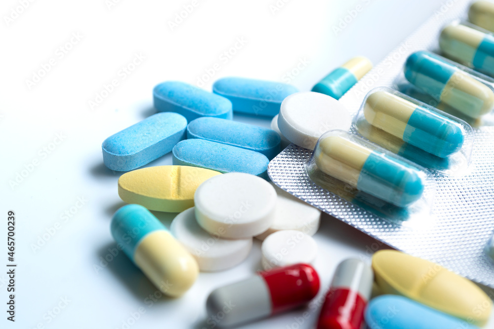 Assorted pharmaceutical medicine pills, tablets and capsules 
