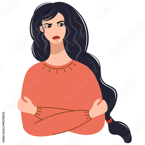 The young woman is upset, resentful and angry. Upset girl standing with arms crossed vector illustration. Frowning upset young man expressing anger and frustration. Human emotions. Violence, abuse.