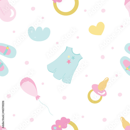 Seamless pattern for a little princess, with a cute dress, balloons, nipples, bottles. Festive vector background for printing on paper, fabric, packaging. Illustration in soft pastel colors.