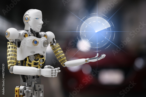 Robot cyber future futuristic humanoid auto, automobile, automotive car check fix in garage industry inspection inspector insurance maintenance mechanic repair robot service technology 2022
