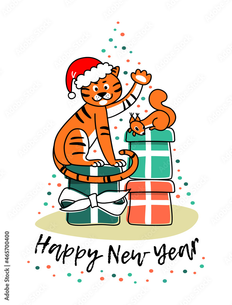 Tiger and New Year's gifts. New Year greeting card with tiger and squirrel. Flat vector illustration.