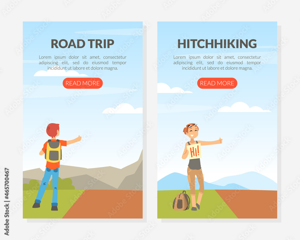 Hitchhiking or Thumbing with Man and Woman Character Stopping Car for Travelling Vector Landing Page Template Hitchhiking or Thumbing with Man and Woman Character Stopping Car for Travelling Vector Landing Page Template
