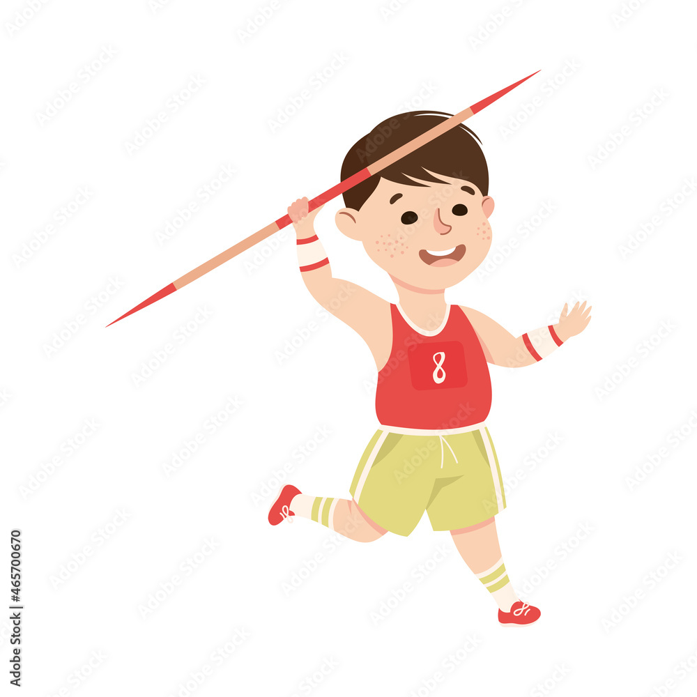 Cute Little Boy Javelin Throwing Practicing Sport and Physical Activity Vector Illustration