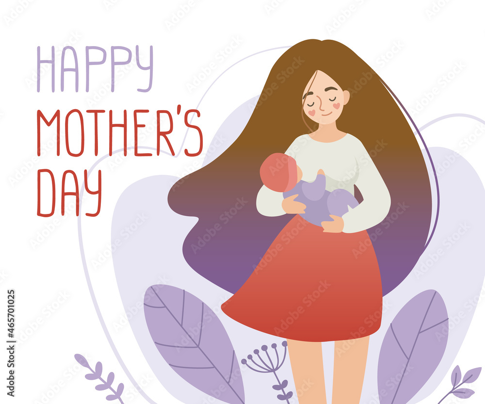 Happy mothers day postcard. Young beautiful woman with long brown hair holding her baby and smiling. Happy mothers day postcard. Young beautiful woman with long brown hair holding her baby and smiling.