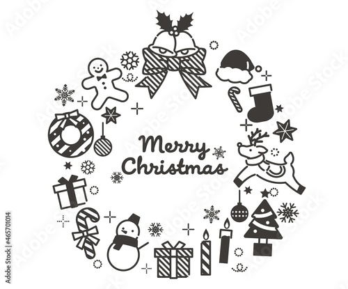 シンプルでかわいいクリスマスのリースのベクターイラスト素材／枠／リボン／モノクロ