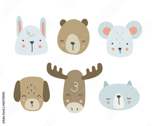 Fototapeta Naklejka Na Ścianę i Meble -  Set of cartoon cute scandinavian animals head. Childish bundle of funny faces.