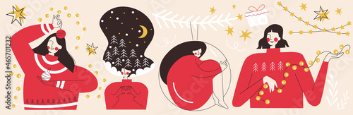 Merry Christmas and Happy New Year set design vector elements with celebrating people. Xmas winter character collection. Dreaming woman with garland. Flat cartoon illustration banner, greeting card