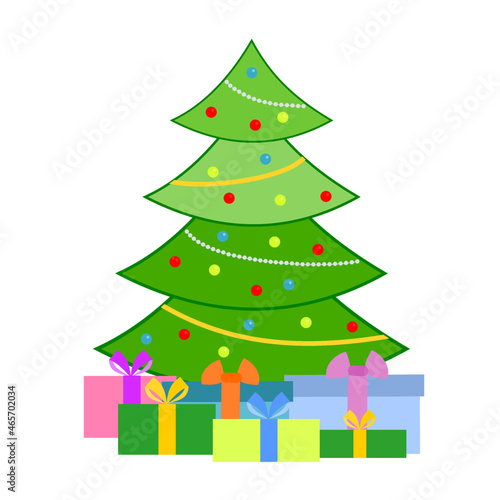 Christmas tree decorated with colored balls and ribbons. Gifts under the Christmas tree. White color background.