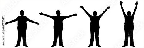 Female silhouette in pants, in a cap. Woman standing performs exercises. Hands are raised higher and higher. Four hand charging positions. Black female silhouette isolated on white background.