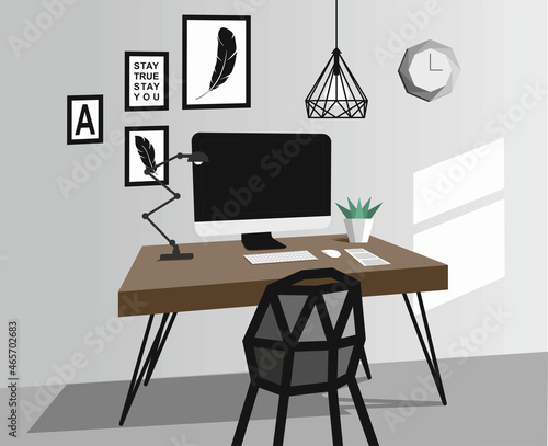 Vector illustration with stylish interior. Desktop. Study place. Remote workplace. Scandinavian style. Interior.