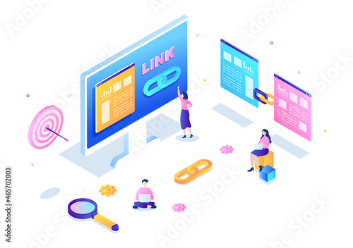 SEO Link Building as Search Engine Optimization, Marketing and Digital for Home Page Development or Mobile Applications Vector Illustration