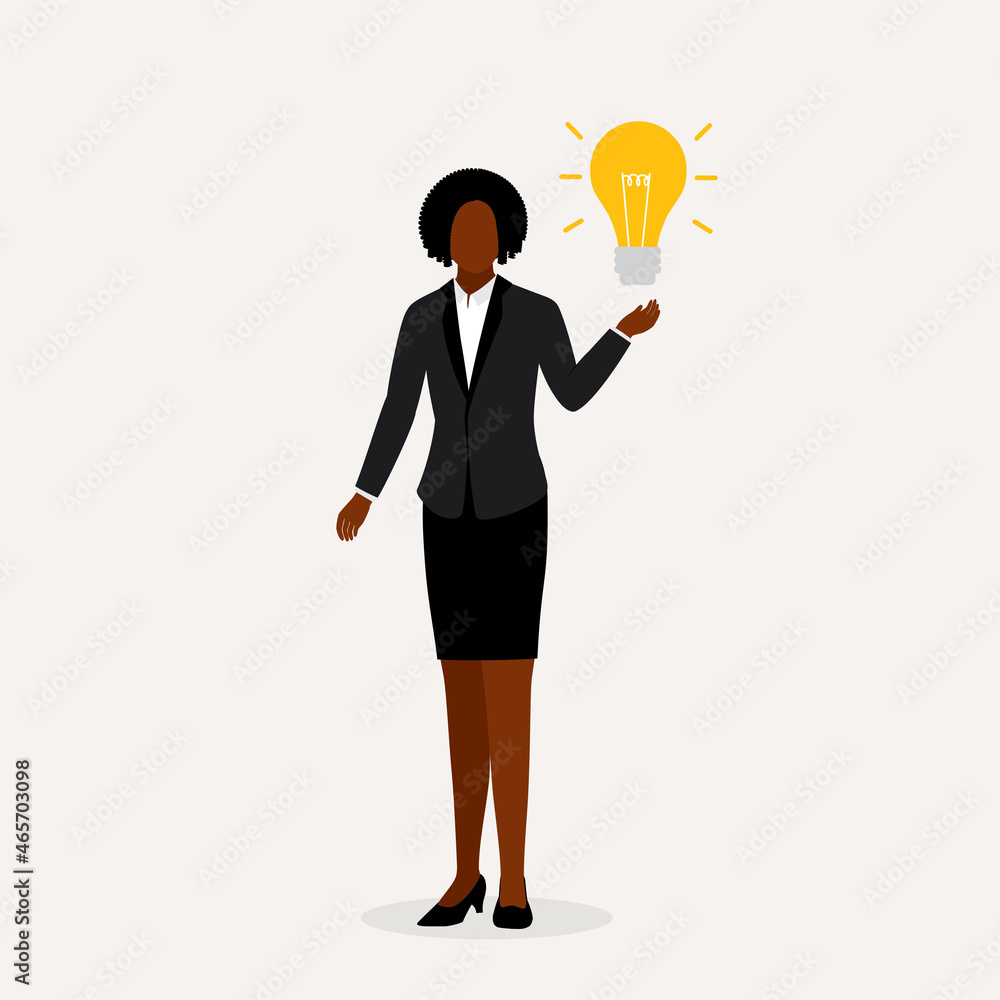 Black Businesswoman With Light Bulb Standing. Black Businesswoman With Light Bulb Standing.