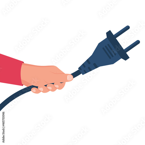 Electric power plug holding in hand. Unplug, plugged. Vector illustration flat design. Connecting power plug. Vector illustration flat design. Isolated on white background.
