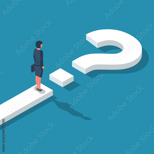 Road forward in form of question mark. What's next Big question mark on way. Businesswoman in suit with briefcase looking unknown open. Vector illustration isometric 3D design.