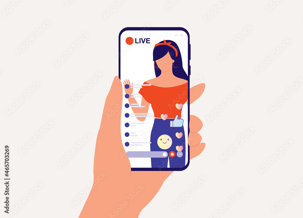 A Person With Mobile Phone Watching A Fashion Woman Influencer Doing Live Streaming While Getting Lots Of Positive Feedback And Responses From Her Followers. Social Media And Marketing. Vlogger.