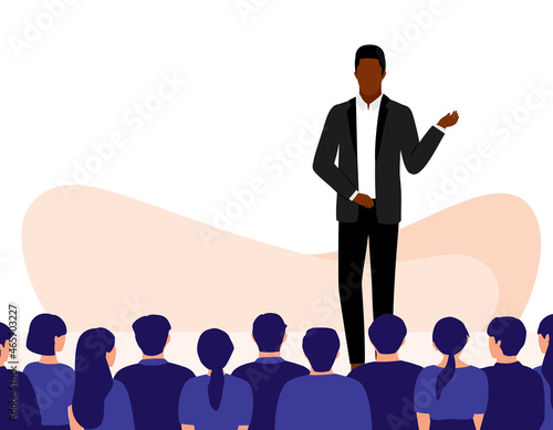 Black Male Public Speaker Giving Speech On Stage With Wide Audience.