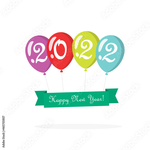 Christmas new year text with 2022 number on green ribbon and colorful balloons flying fun comic banner element isolated for child kids xmas party celebration design vector illustration