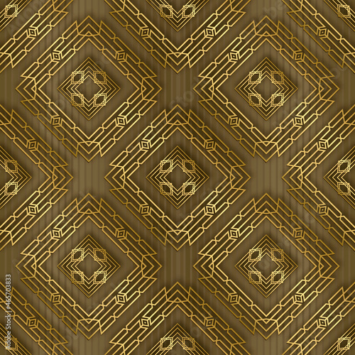 Gold lines 3d seamless pattern. Striped vector background. Repeat textured Deco backdrop. Abstract structured beautiful ornament with geometrical shapes, lines, rhombus, stripes. Luxury ornate design