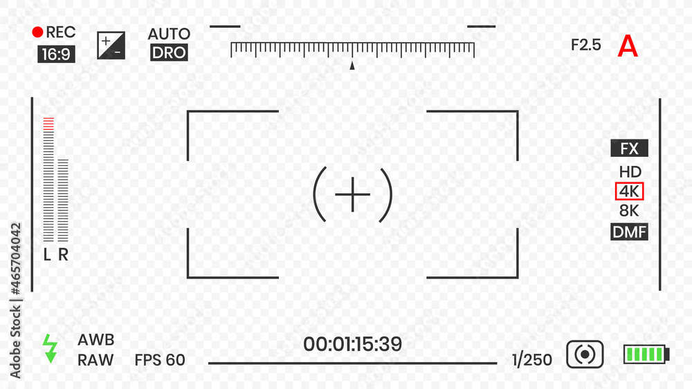 Camera viewfinder video or photo frame recorder flat style design vector illustration. Digital camera viewfinder with exposure settings and focusing grid template.